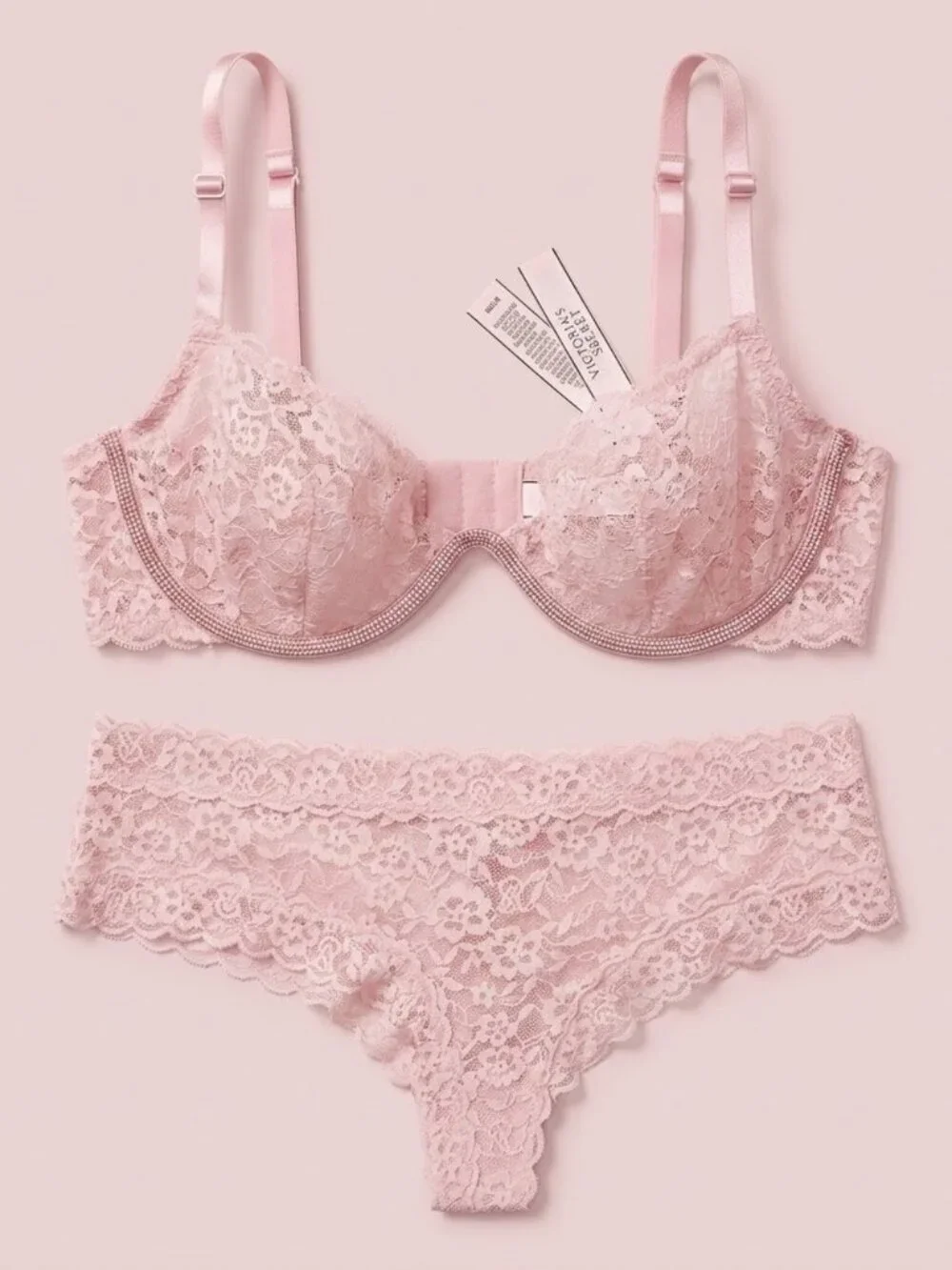 NWT Victoria's Secret Blush Pink Rhinestone Lace Underwire Bra and Panty Set